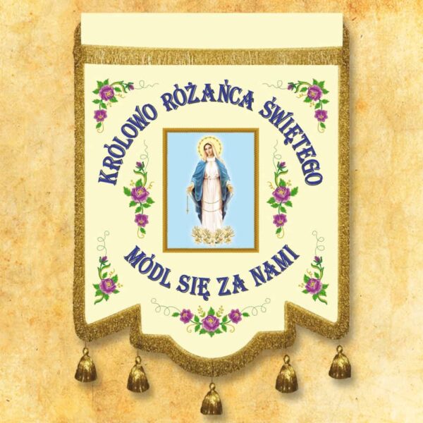 Double-sided banner embroidered with the image of Our Lady of the Rosary