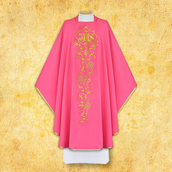 Pink embroidered chasuble "IHS"