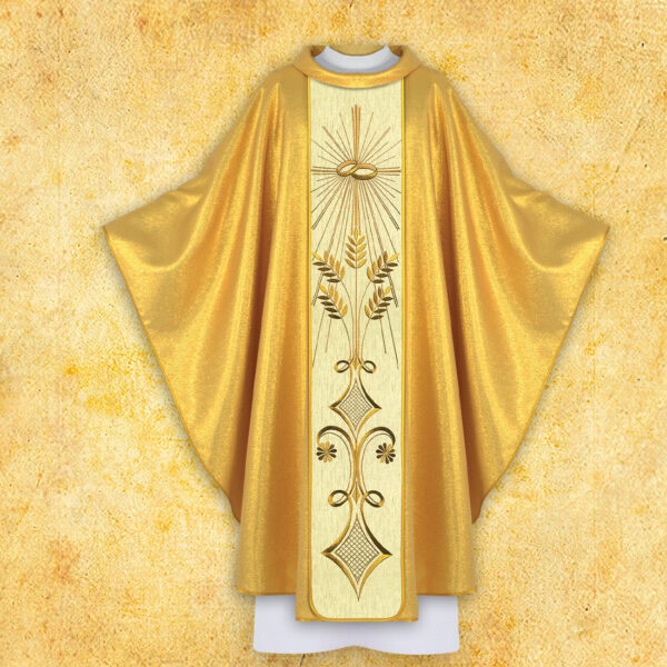 Gold chasuble with embroidered wedding belt "What God Has Joined Together"