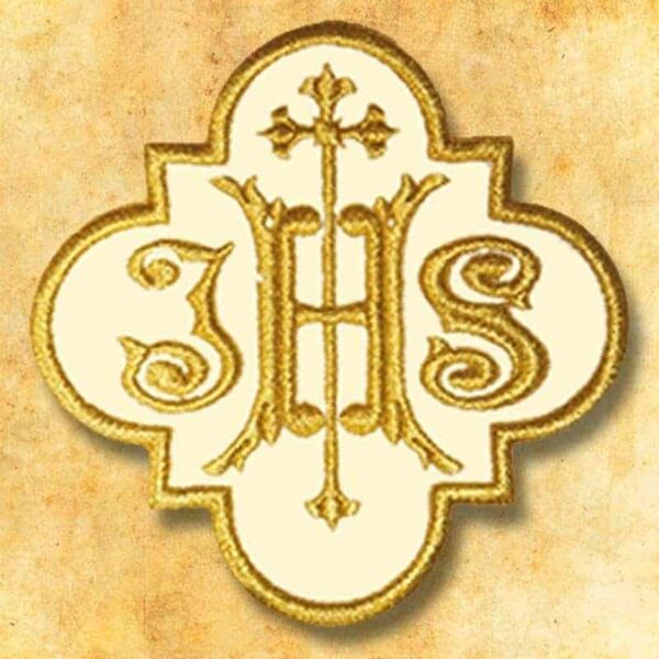 Embroidered appliqué on plush "IHS"