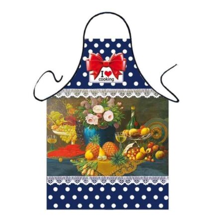 Photo apron - navy blue polka dots