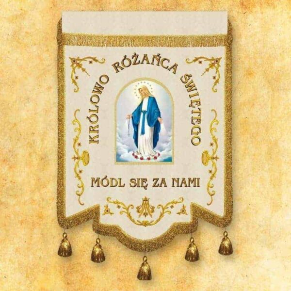 Embroidered banner "Queen of the Holy Rosary" with custom inscription