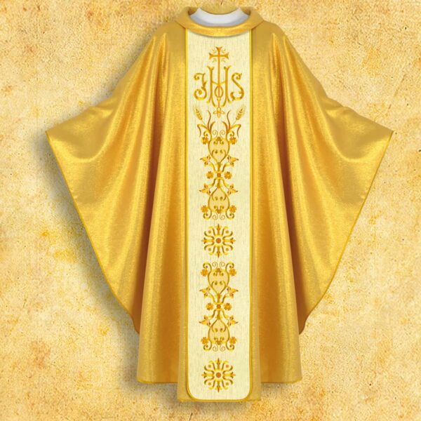 Golden chasuble with embroidered "IHS" belt