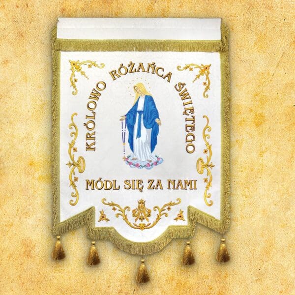 Embroidered banner "Queen of the Holy Rosary" with custom inscription