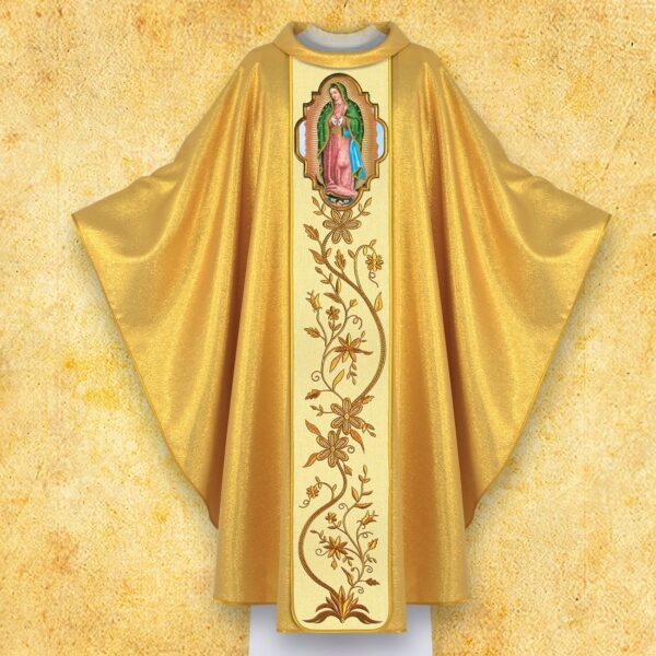 Embroidered chasuble with a photographic image of "Our Lady of Guadalupe"