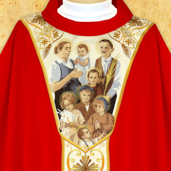 Embroidered chasuble with the image of the Ulma family