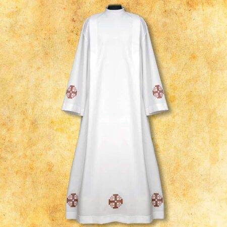 Embroidered  alb with red Jerusalem Crosses, 164 cm