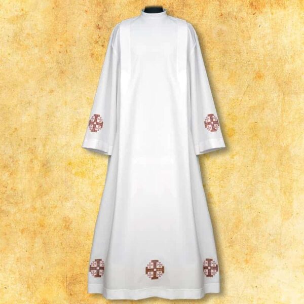 Embroidered  alb with red Jerusalem Crosses, 164 cm