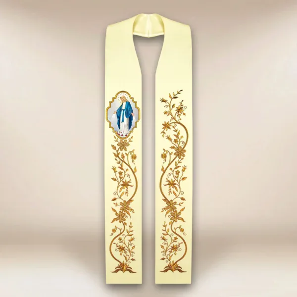 Embroidered stole with a photographic image of "Our Lady of the Immaculate Conception"