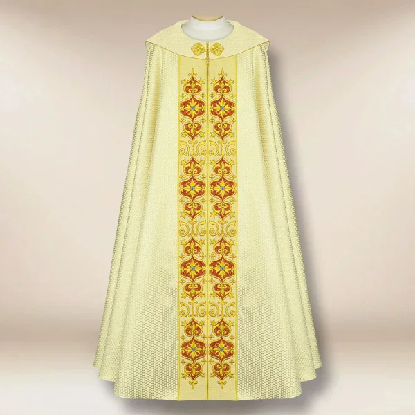 Ecru embroidered liturgical cape with the IHS symbol