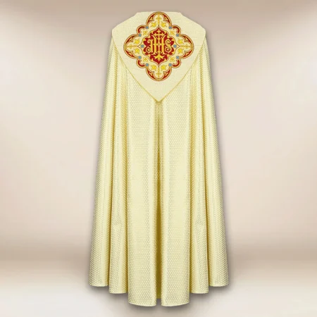 Ecru embroidered liturgical cape with the IHS symbol