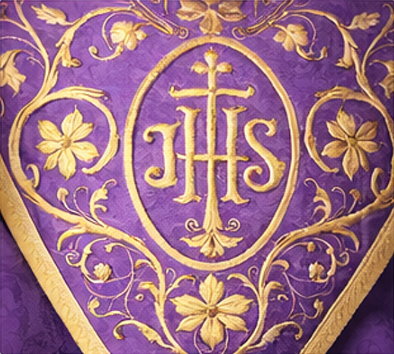 detail of liturgical embroidery IHS on a chasuble – Eucharistic decoration