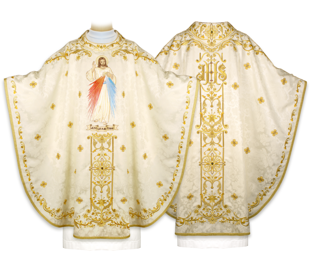 Embroidered Merciful Jesus chasuble – front and back of the liturgical vestment