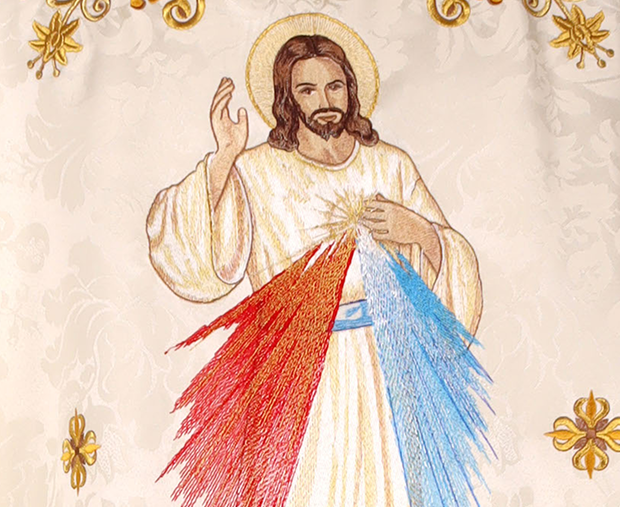 Embroidered image of the Merciful Jesus on a liturgical chasuble