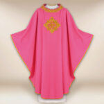 Embroidered chasuble with IHS in pink