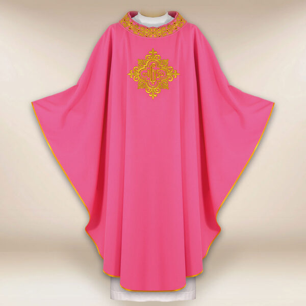Embroidered chasuble with IHS in pink