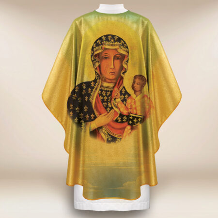 Liturgical chasuble featuring a photographic image of "Our Lady of Częstochowa."