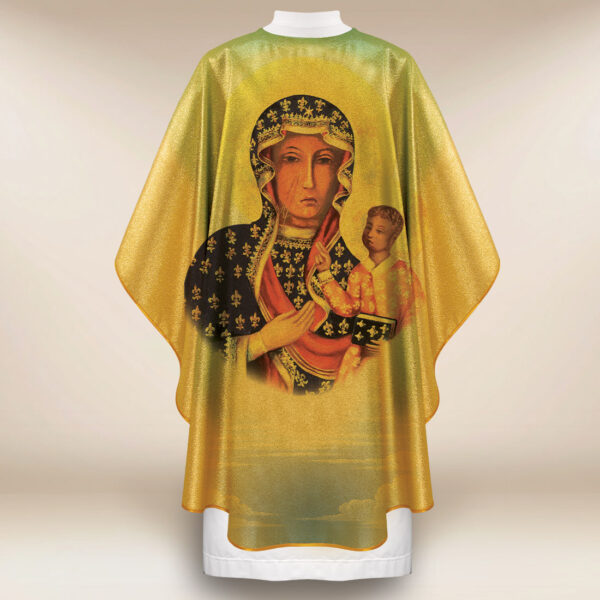 Gold chasuble featuring the image of Our Lady of Częstochowa.