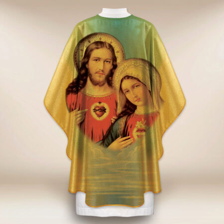 Gold chasuble featuring the image of the Sacred Heart of Jesus and the Immaculate Heart of Mary.