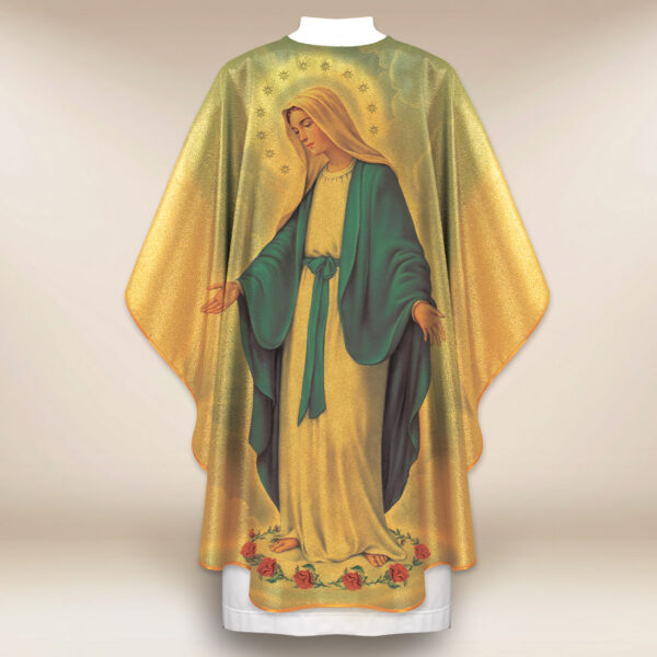 Gold chasuble featuring the image of the Immaculate Mother of God.