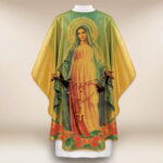 Gold chasuble featuring the image of Our Lady of the Rosary