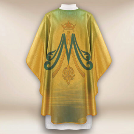 Gold chasuble featuring the image of Our Lady of Guadalupe.