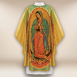 Gold chasuble featuring the image of Our Lady of Guadalupe.
