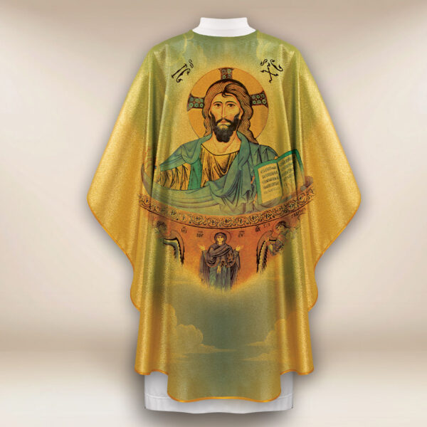 Gold chasuble featuring the image of the Pantocrator from Cefalù. Gold chasuble featuring the image of the Pantocrator from Cefalù.