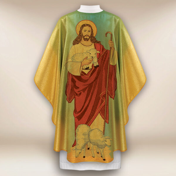 Gold chasuble featuring the image of the Good Shepherd Gold chasuble featuring the image of the Good Shepherd