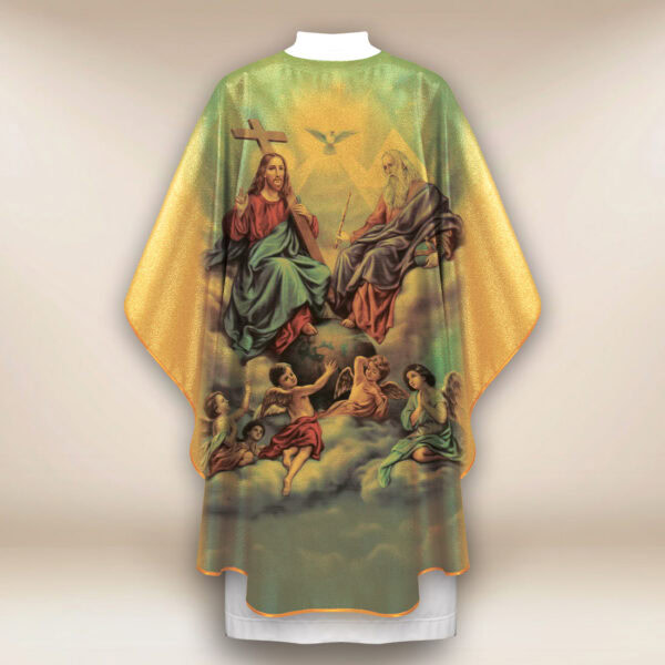 Gold chasuble featuring the image of the Holy Trinity