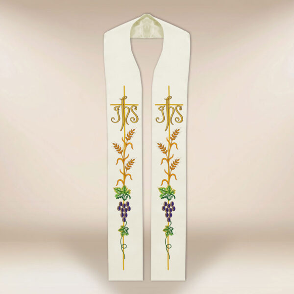Embroidered liturgical stole IHS ecru