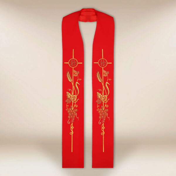 Embroidered red stole IHS Wheat Ears and Grapes