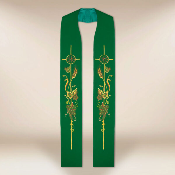 Embroidered green stole IHS Wheat Ears and Grapes