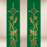 Embroidered green stole IHS Wheat Ears and Grapes