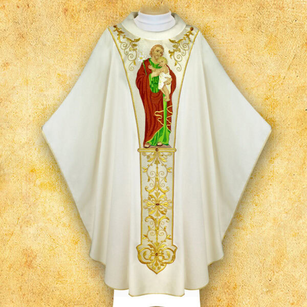 Liturgical chasuble embroidered with the image of St. Joseph.