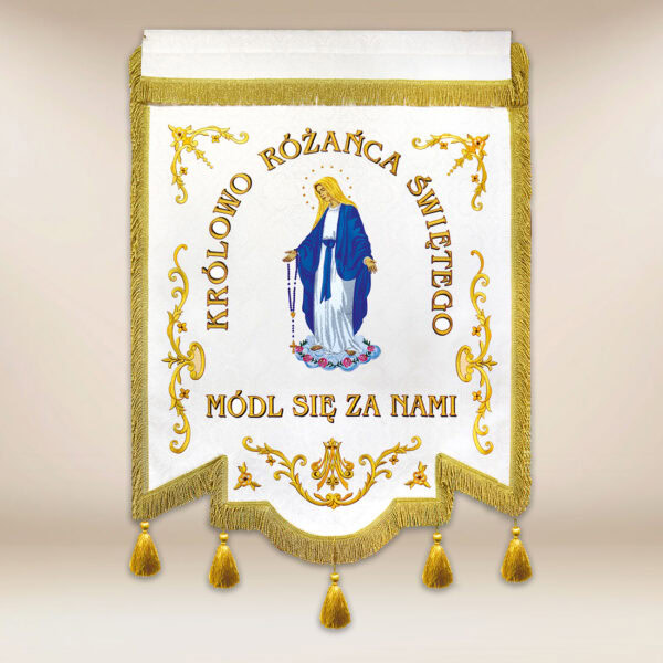 Chorągiew haftowana „Królowej Różańca Świętego” z dowolnym napisem