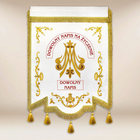 Chorągiew haftowana „Królowej Różańca Świętego” z dowolnym napisem