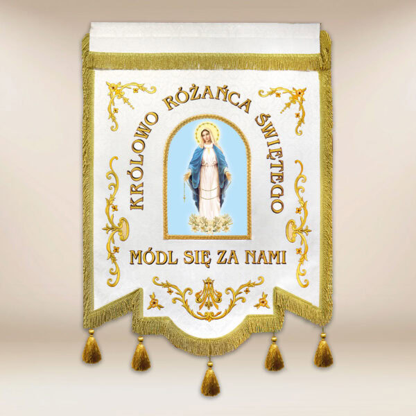 Chorągiew haftowana “Królowej Różańca Świętego” z dowolnym napisem