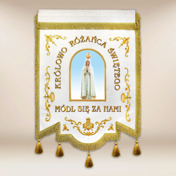 Chorągiew haftowana “Królowej Różańca Świętego” z dowolnym napisem