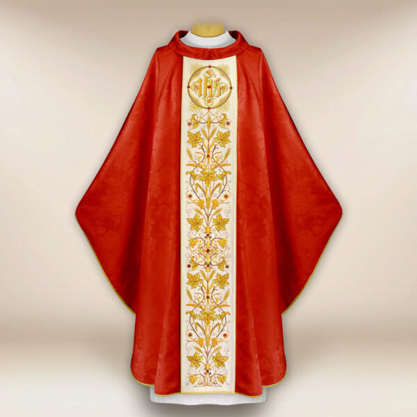 Red embroidered chasuble