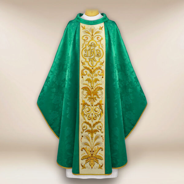 Green embroidered chasuble IHS