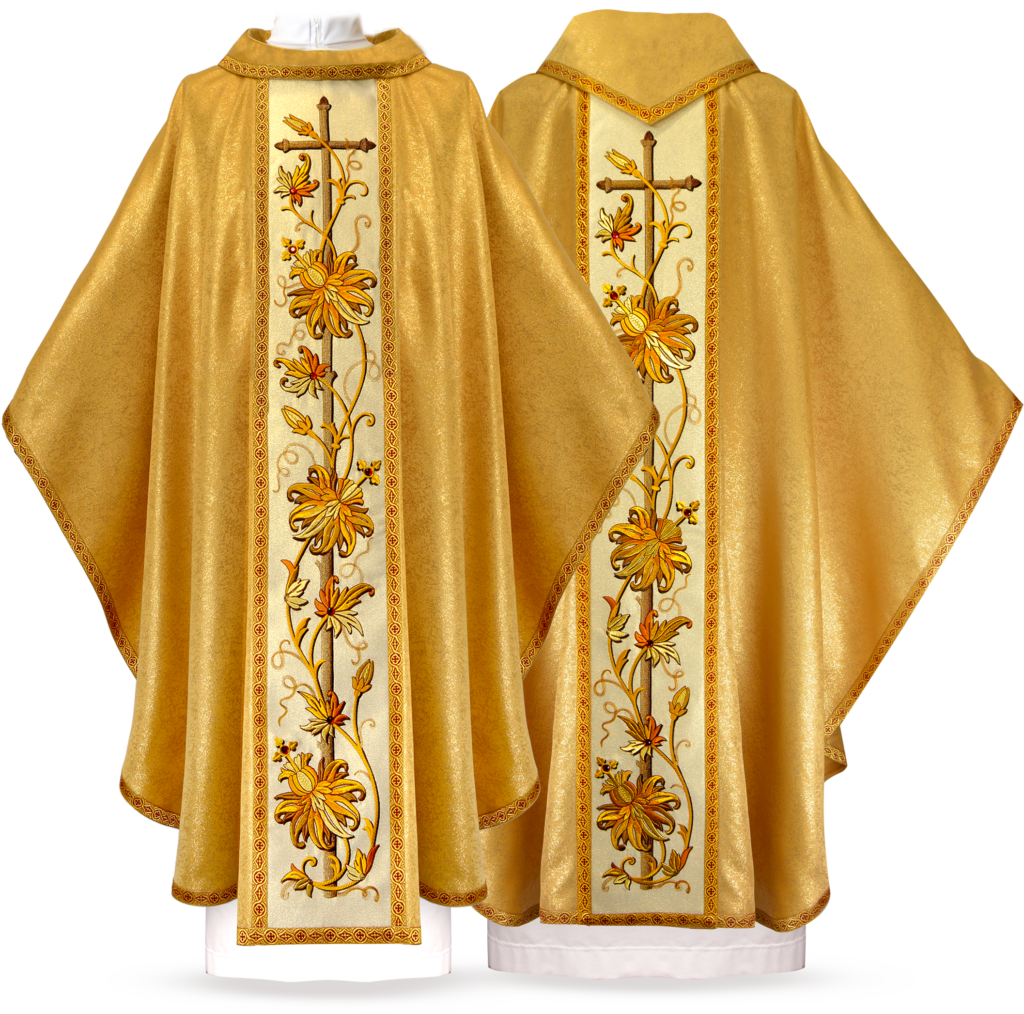 Classico Gold embroidered gold chasuble front and back view from liturgical vestments collection