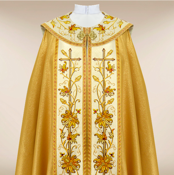 Embroidered gold chasuble Classico Gold with floral cross decoration and elegant liturgical design