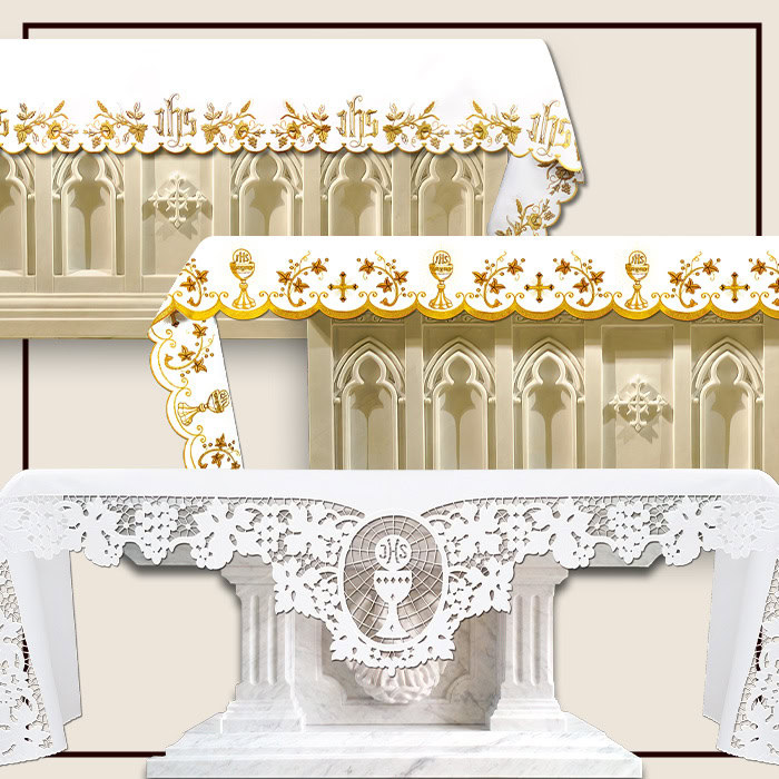 Embroidered altar cloth with Eucharistic motif – altar covering with lace detail