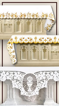 Embroidered altar cloth with Eucharistic motif – altar covering with lace detail