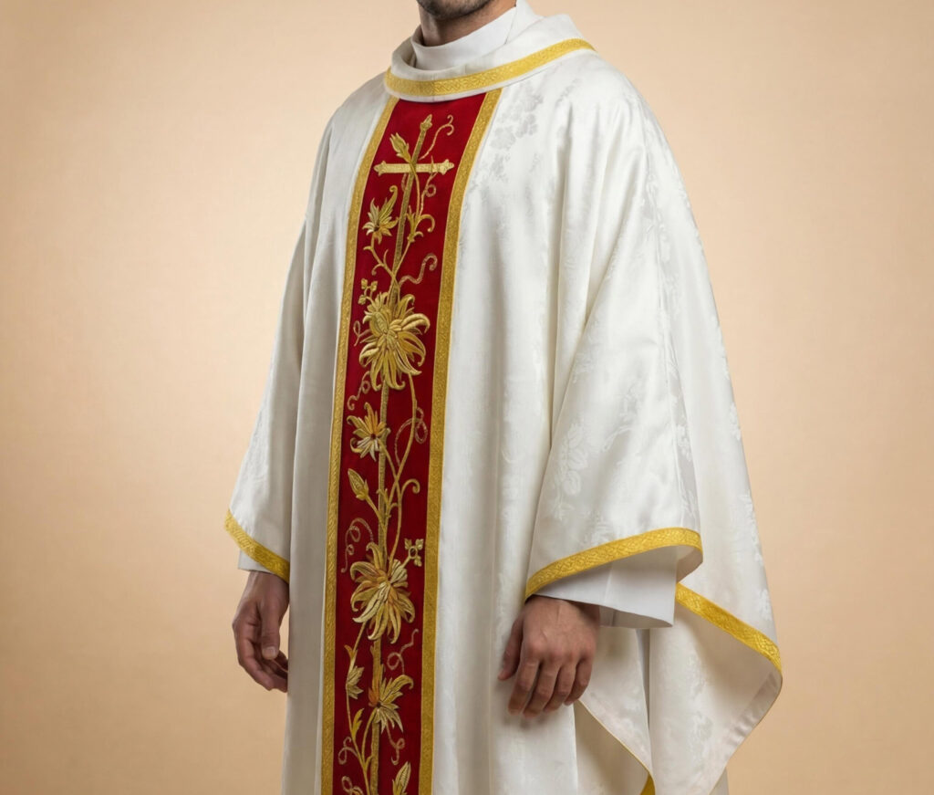 Priest wearing Classico Bianco embroidered chasuble
