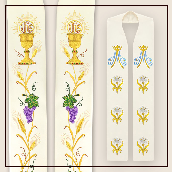 Embroidered priest stole with Eucharistic and floral motifs – liturgical set