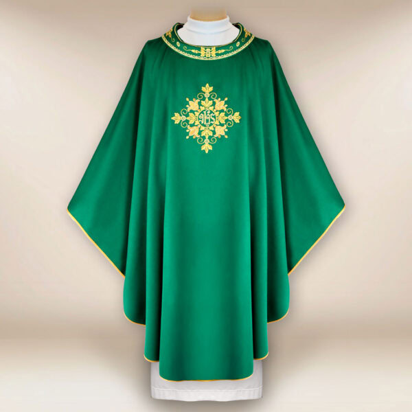 Embroidered liturgical chasuble green IHS