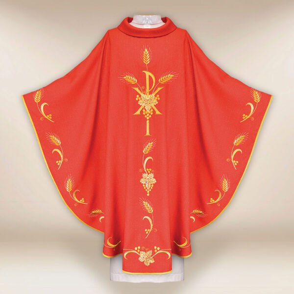 Red liturgical chasuble with PX