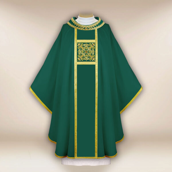 Liturgical green chasuble embroidered with a band